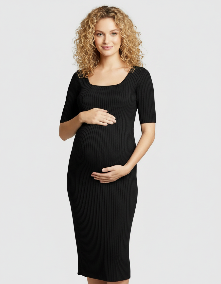 Bump Society – The Comfort Collection: Ribbed Knit Square Neck Bodycon Maternity Midi Dress-Bump Society