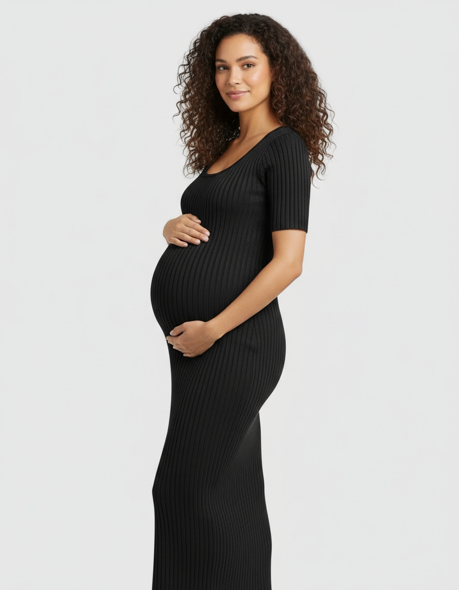 Bump Society – The Comfort Collection: Ribbed Knit Square Neck Bodycon Maternity Midi Dress-Bump Society