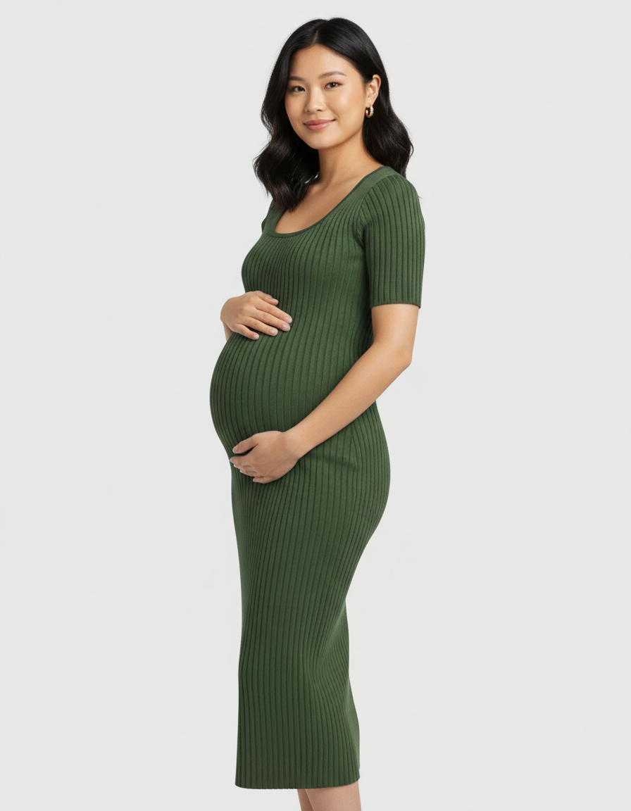 Bump Society – The Comfort Collection: Ribbed Knit Square Neck Bodycon Maternity Midi Dress-Bump Society