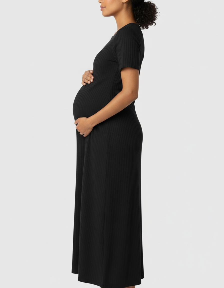 Bump Society – The Comfort Collection: Ribbed Knit Square Neck Bodycon Maternity Midi Dress-Bump Society