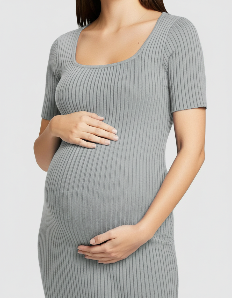 Bump Society – The Comfort Collection: Ribbed Knit Square Neck Bodycon Maternity Midi Dress-Bump Society