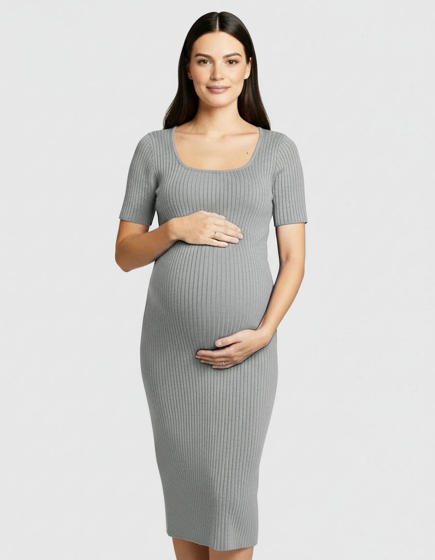Bump Society – The Comfort Collection: Ribbed Knit Square Neck Bodycon Maternity Midi Dress-Bump Society