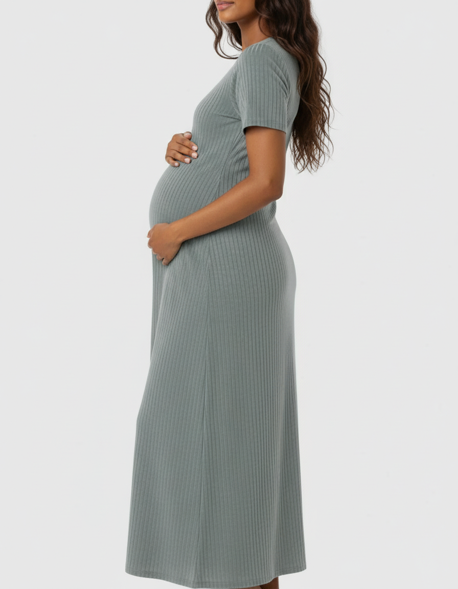 Bump Society – The Comfort Collection: Ribbed Knit Square Neck Bodycon Maternity Midi Dress-Bump Society
