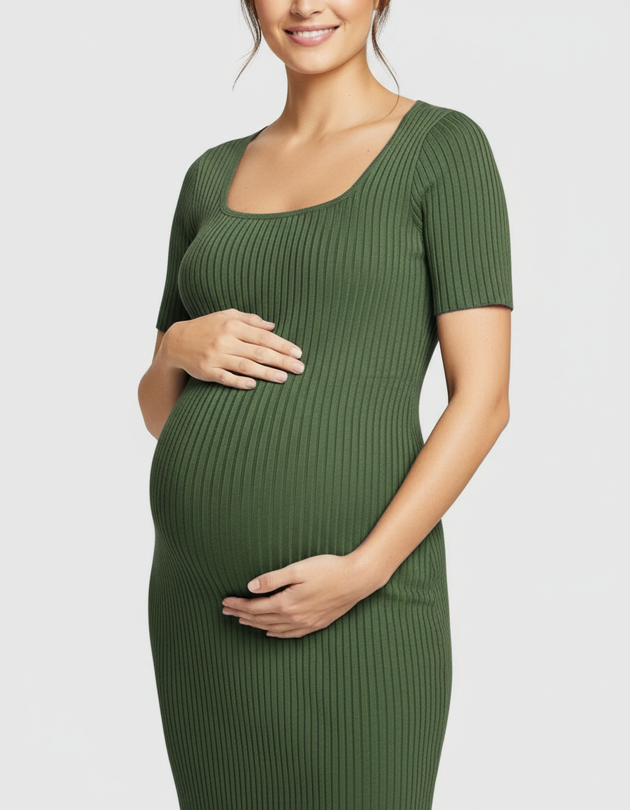 Bump Society – The Comfort Collection: Ribbed Knit Square Neck Bodycon Maternity Midi Dress-Bump Society
