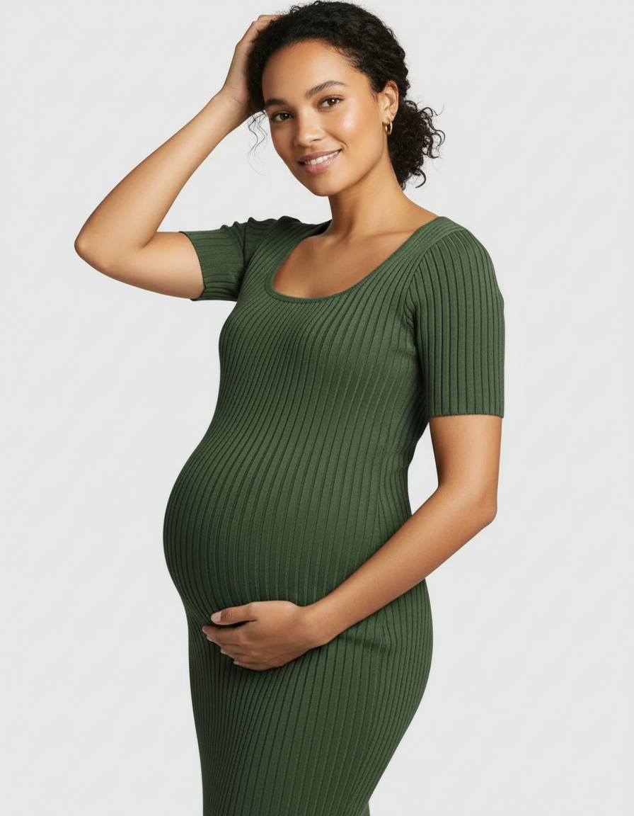 Bump Society – The Comfort Collection: Ribbed Knit Square Neck Bodycon Maternity Midi Dress-Bump Society