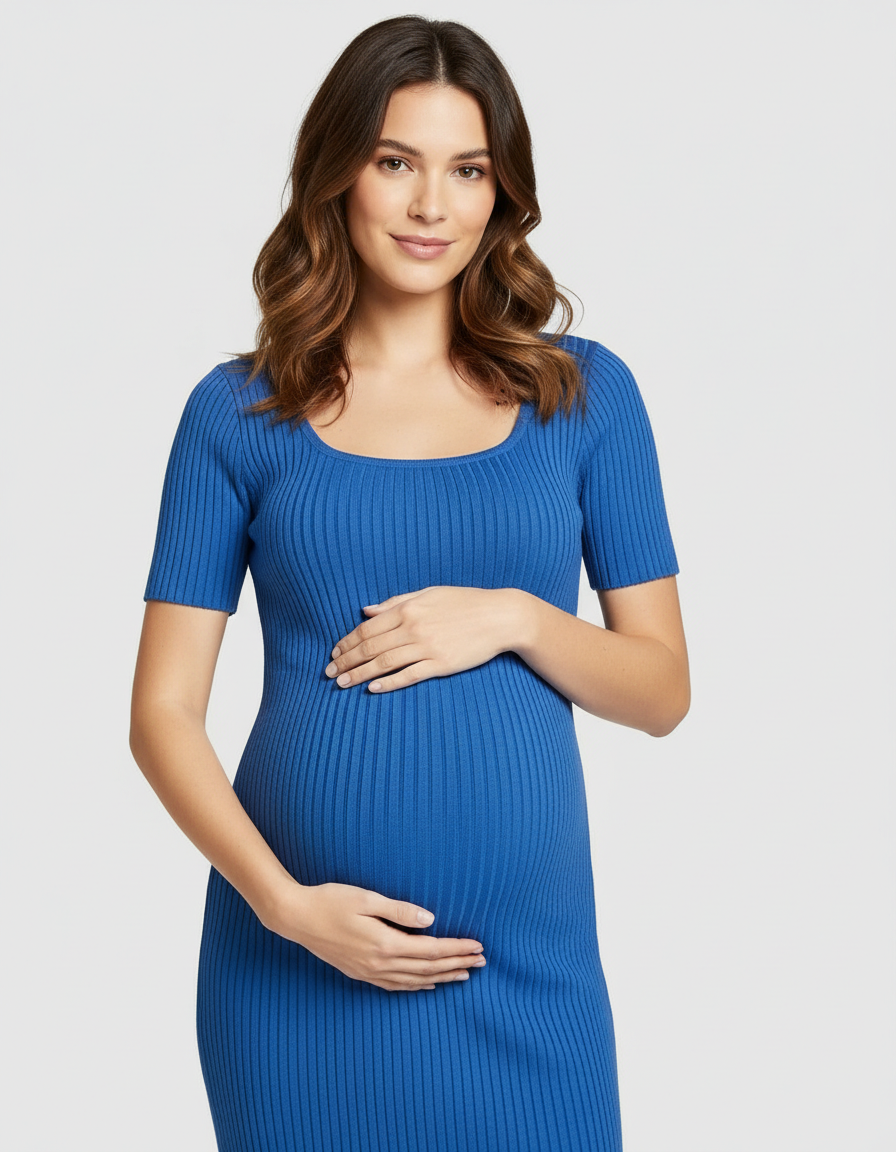 Bump Society – The Comfort Collection: Ribbed Knit Square Neck Bodycon Maternity Midi Dress-Bump Society