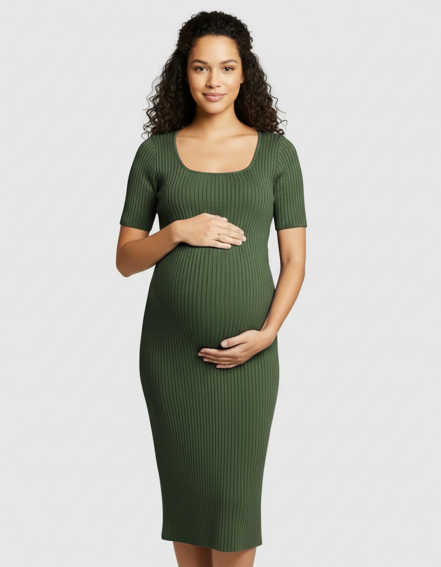 Bump Society – The Comfort Collection: Ribbed Knit Square Neck Bodycon Maternity Midi Dress-Bump Society
