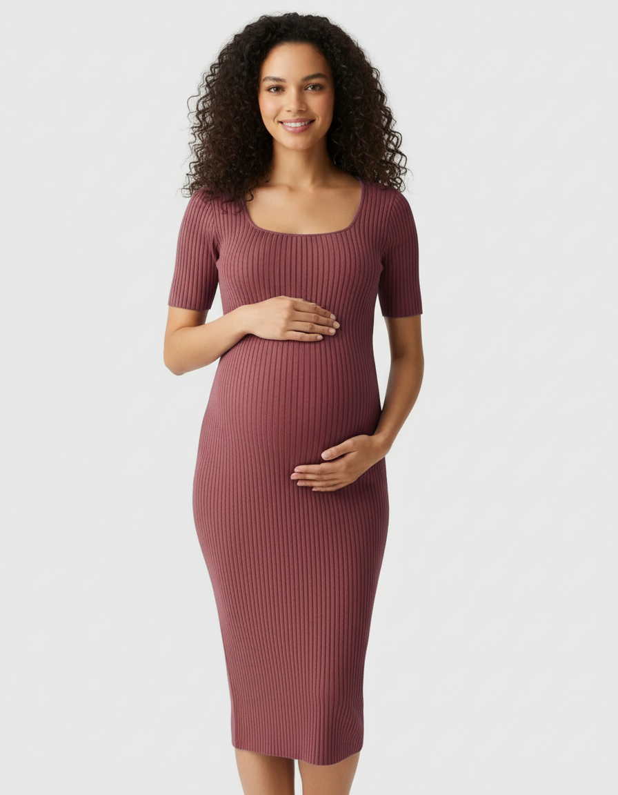Bump Society – The Comfort Collection: Ribbed Knit Square Neck Bodycon Maternity Midi Dress-Bump Society