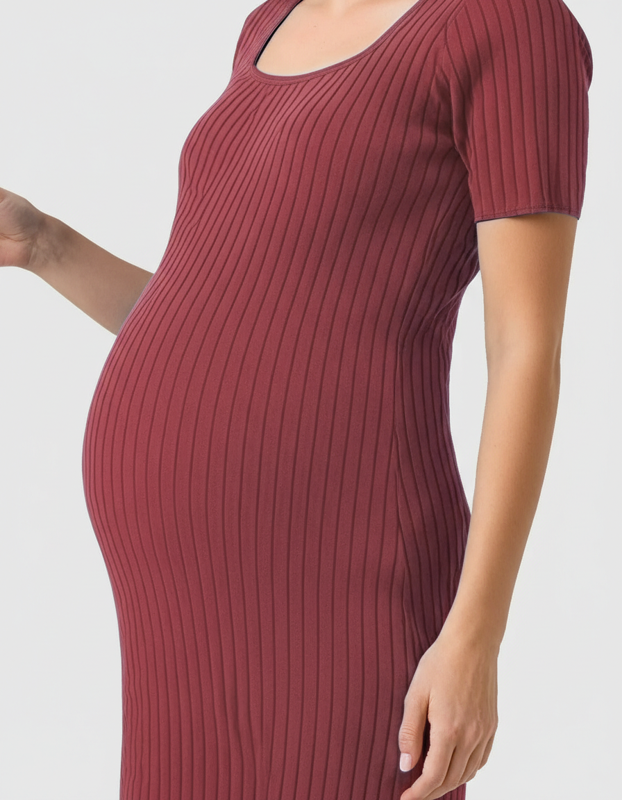 Bump Society – The Comfort Collection: Ribbed Knit Square Neck Bodycon Maternity Midi Dress-Bump Society