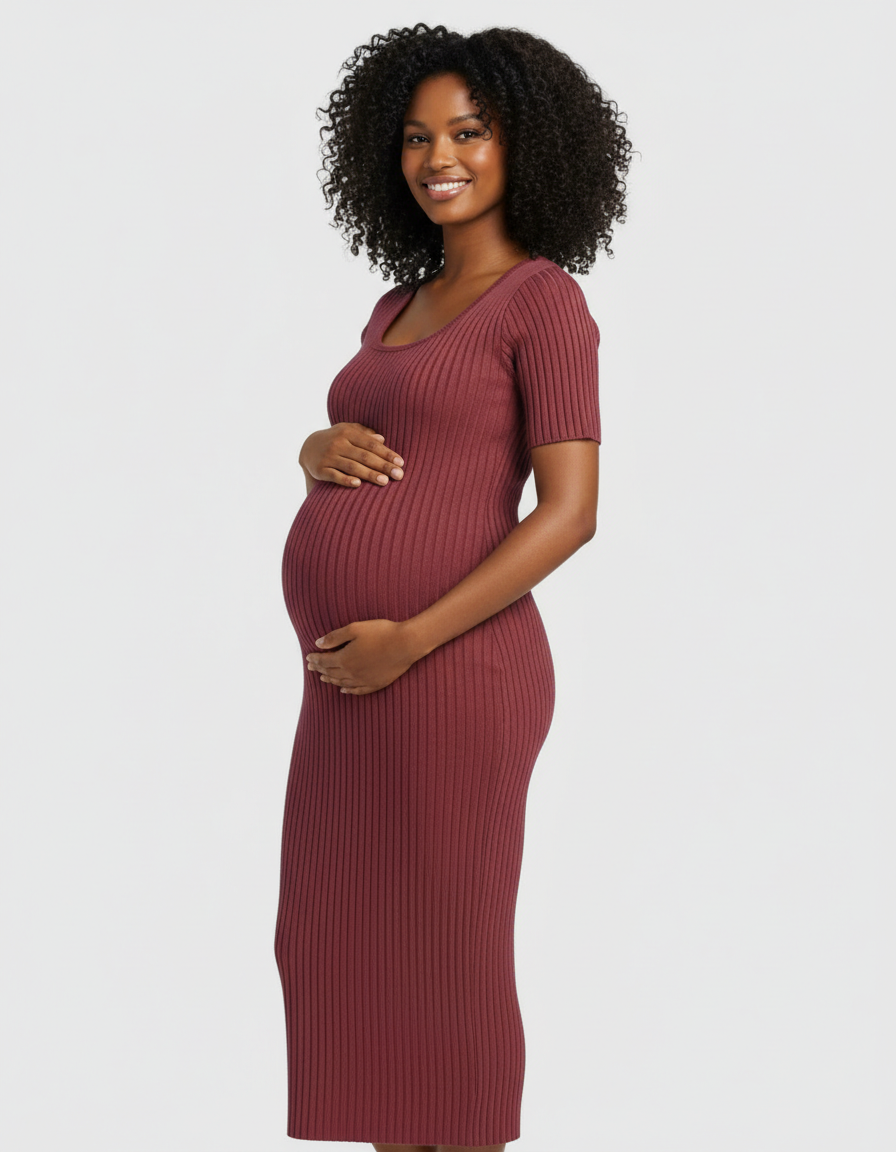 Bump Society – The Comfort Collection: Ribbed Knit Square Neck Bodycon Maternity Midi Dress-Bump Society