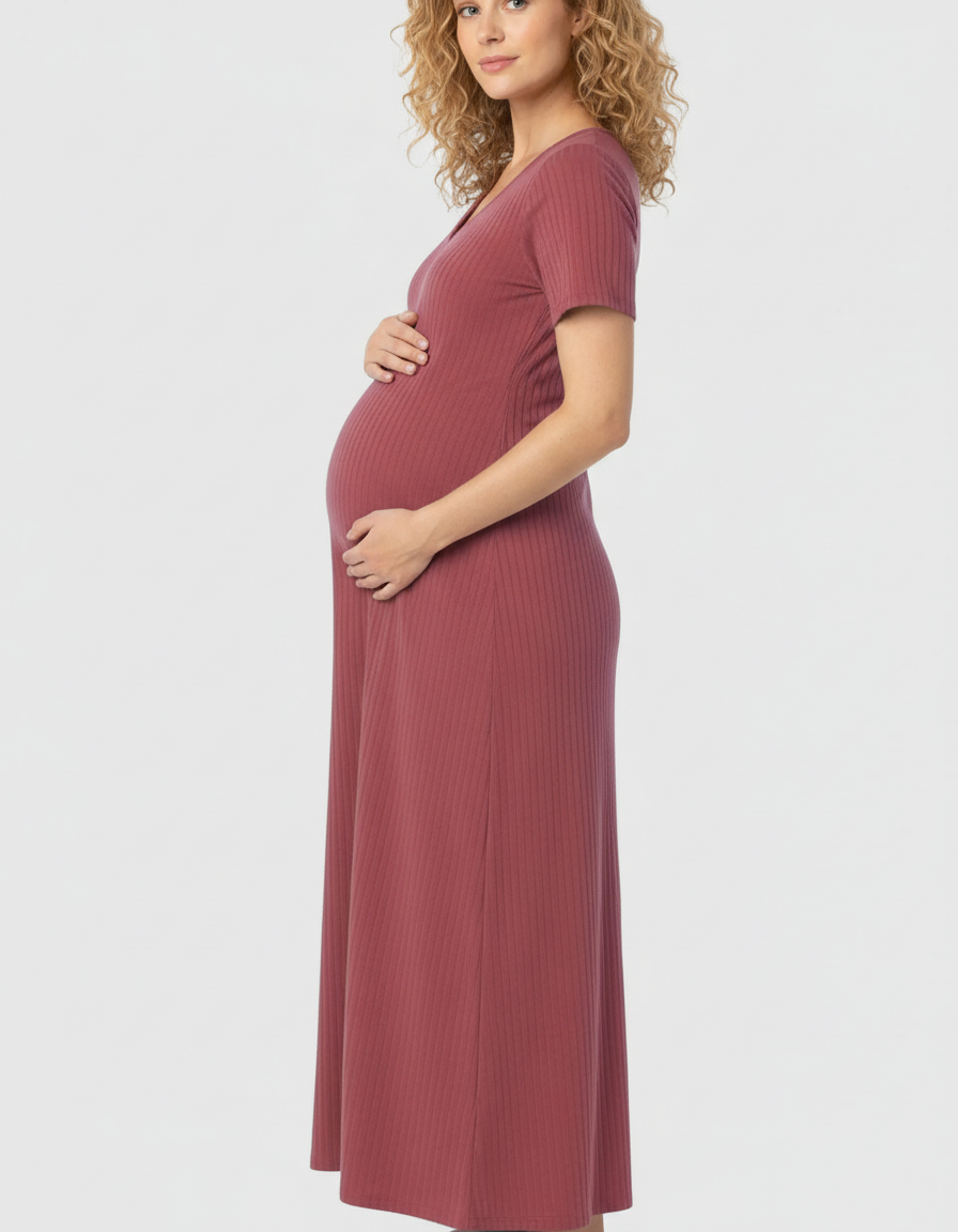 Bump Society – The Comfort Collection: Ribbed Knit Square Neck Bodycon Maternity Midi Dress-Bump Society