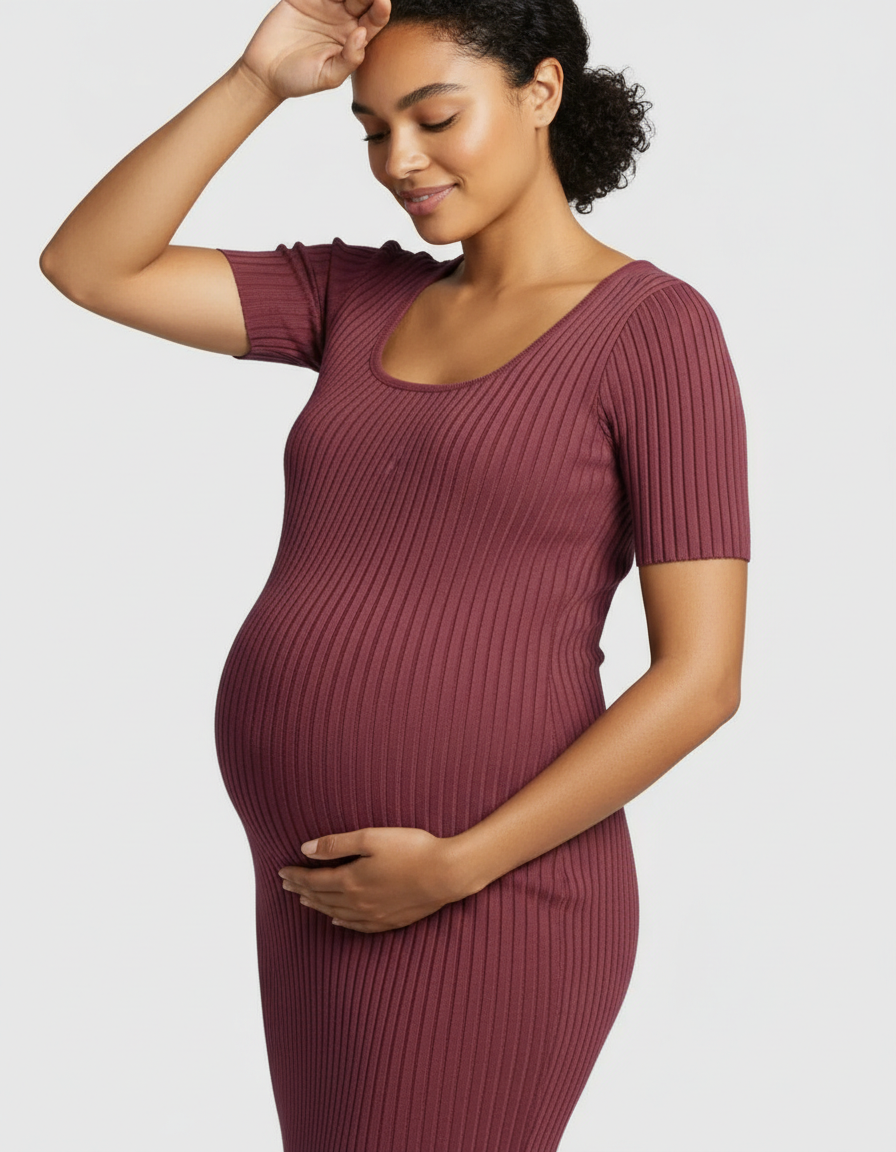 Bump Society – The Comfort Collection: Ribbed Knit Square Neck Bodycon Maternity Midi Dress-Bump Society