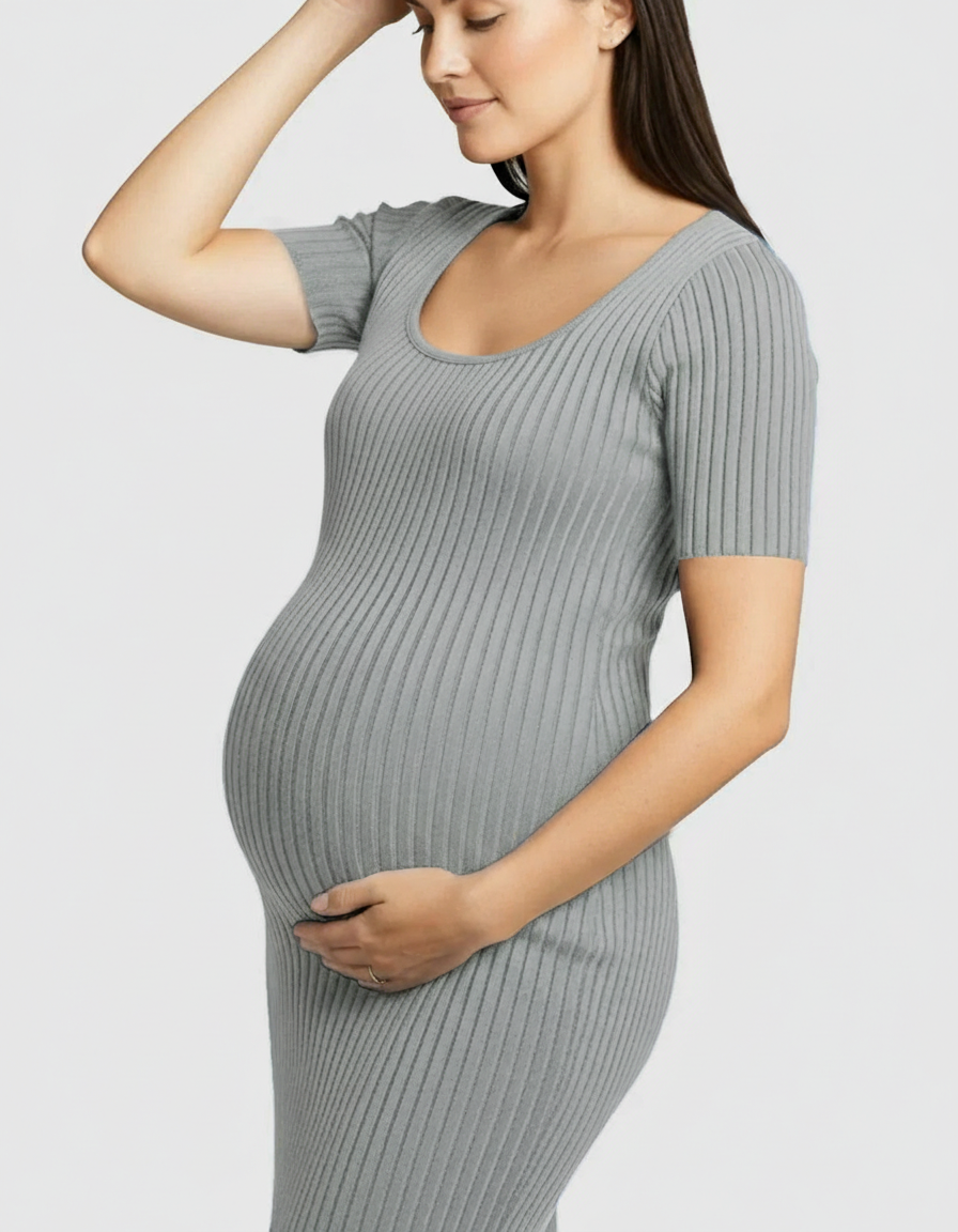 Bump Society – The Comfort Collection: Ribbed Knit Square Neck Bodycon Maternity Midi Dress-Bump Society
