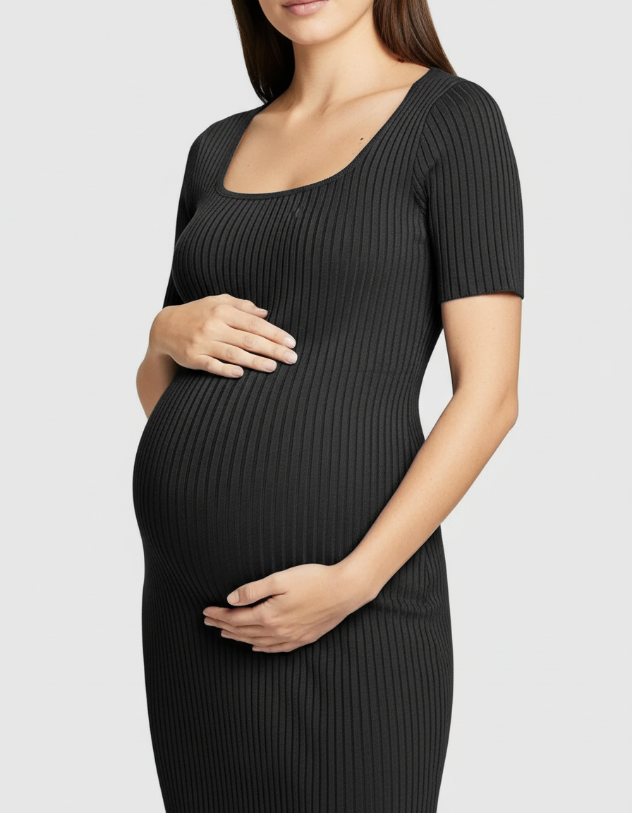 Bump Society – The Comfort Collection: Ribbed Knit Square Neck Bodycon Maternity Midi Dress-Bump Society