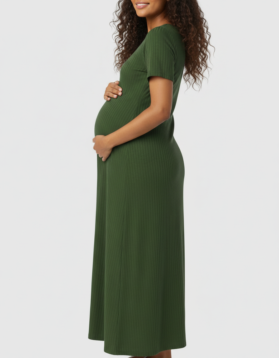 Bump Society – The Comfort Collection: Ribbed Knit Square Neck Bodycon Maternity Midi Dress-Bump Society
