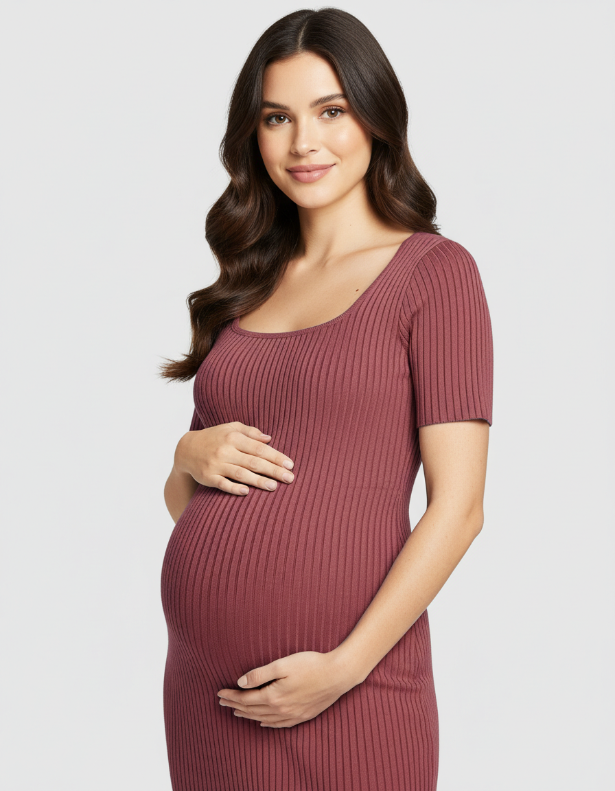 Bump Society – The Comfort Collection: Ribbed Knit Square Neck Bodycon Maternity Midi Dress-Bump Society