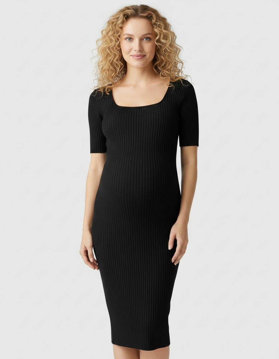 Bump Society – The Comfort Collection: Ribbed Knit Square Neck Bodycon Maternity Midi Dress-Bump Society