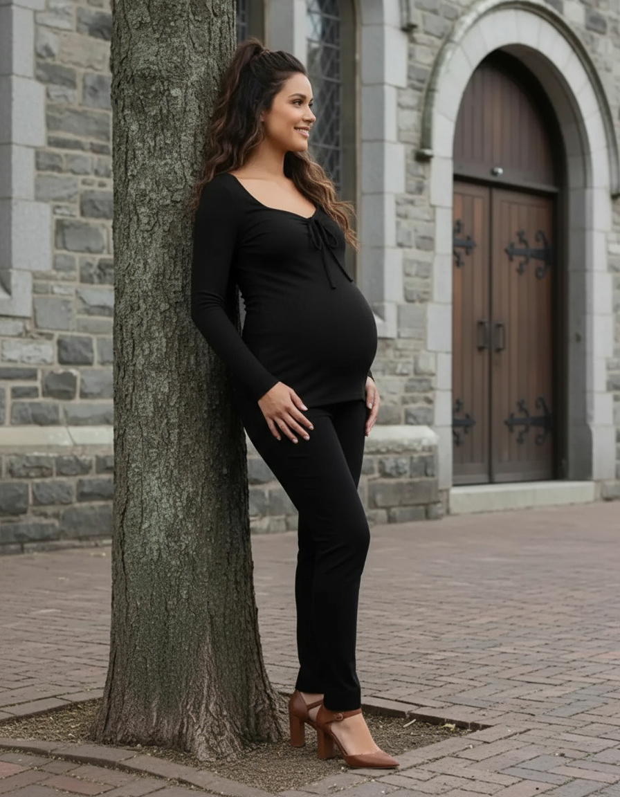 Bump Society – The Comfort Collection: Ribbed Knit Tie Detail Square Neck Maternity Top-Bump Society