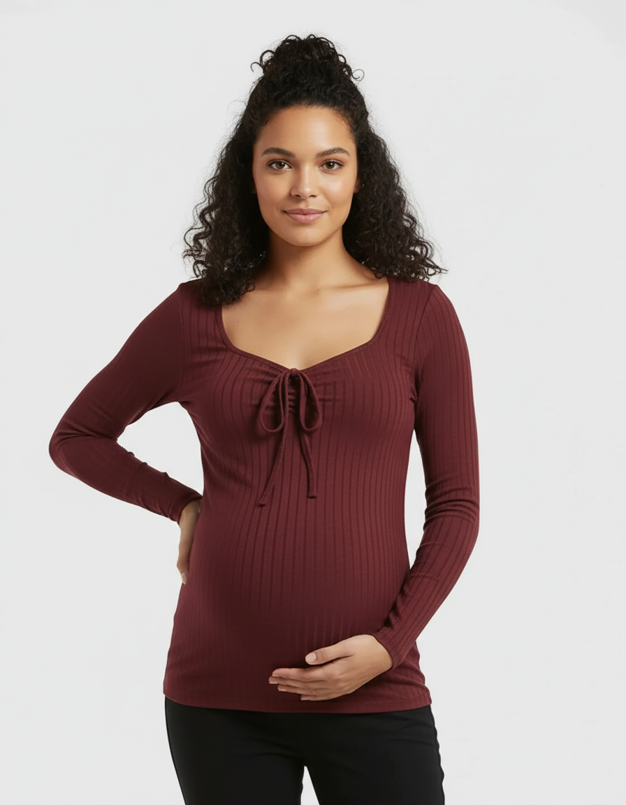 Bump Society – The Comfort Collection: Ribbed Knit Tie Detail Square Neck Maternity Top-Bump Society
