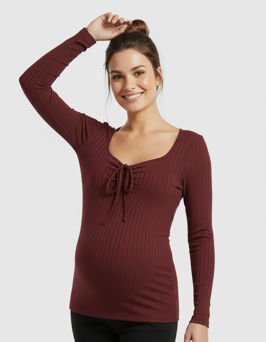 Bump Society – The Comfort Collection: Ribbed Knit Tie Detail Square Neck Maternity Top-Bump Society
