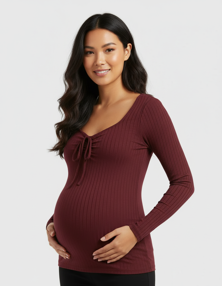 Bump Society – The Comfort Collection: Ribbed Knit Tie Detail Square Neck Maternity Top-Bump Society