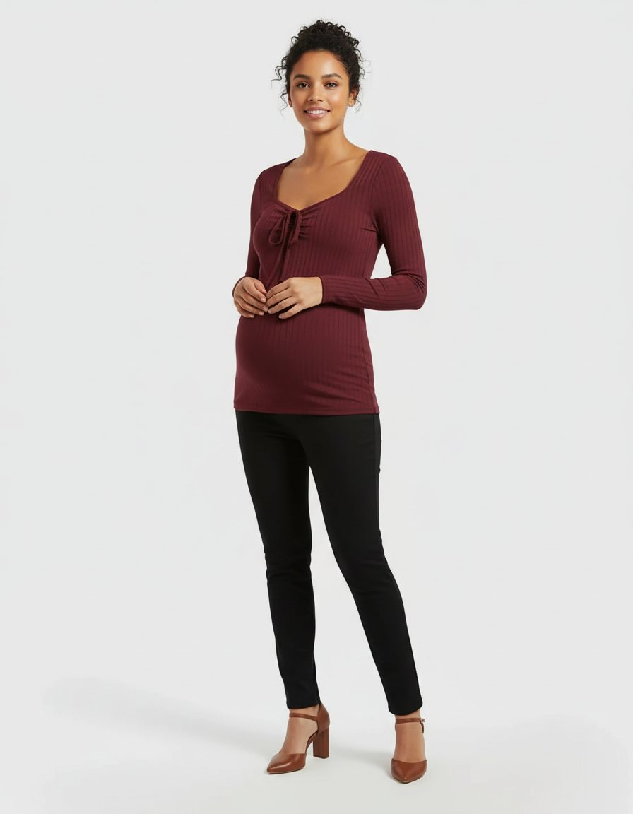 Bump Society – The Comfort Collection: Ribbed Knit Tie Detail Square Neck Maternity Top-Bump Society