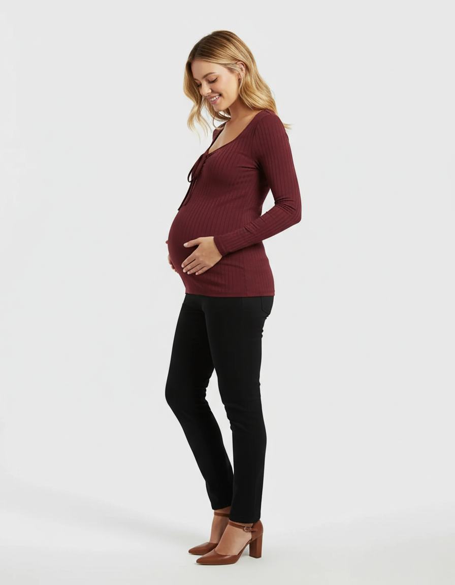 Bump Society – The Comfort Collection: Ribbed Knit Tie Detail Square Neck Maternity Top-Bump Society