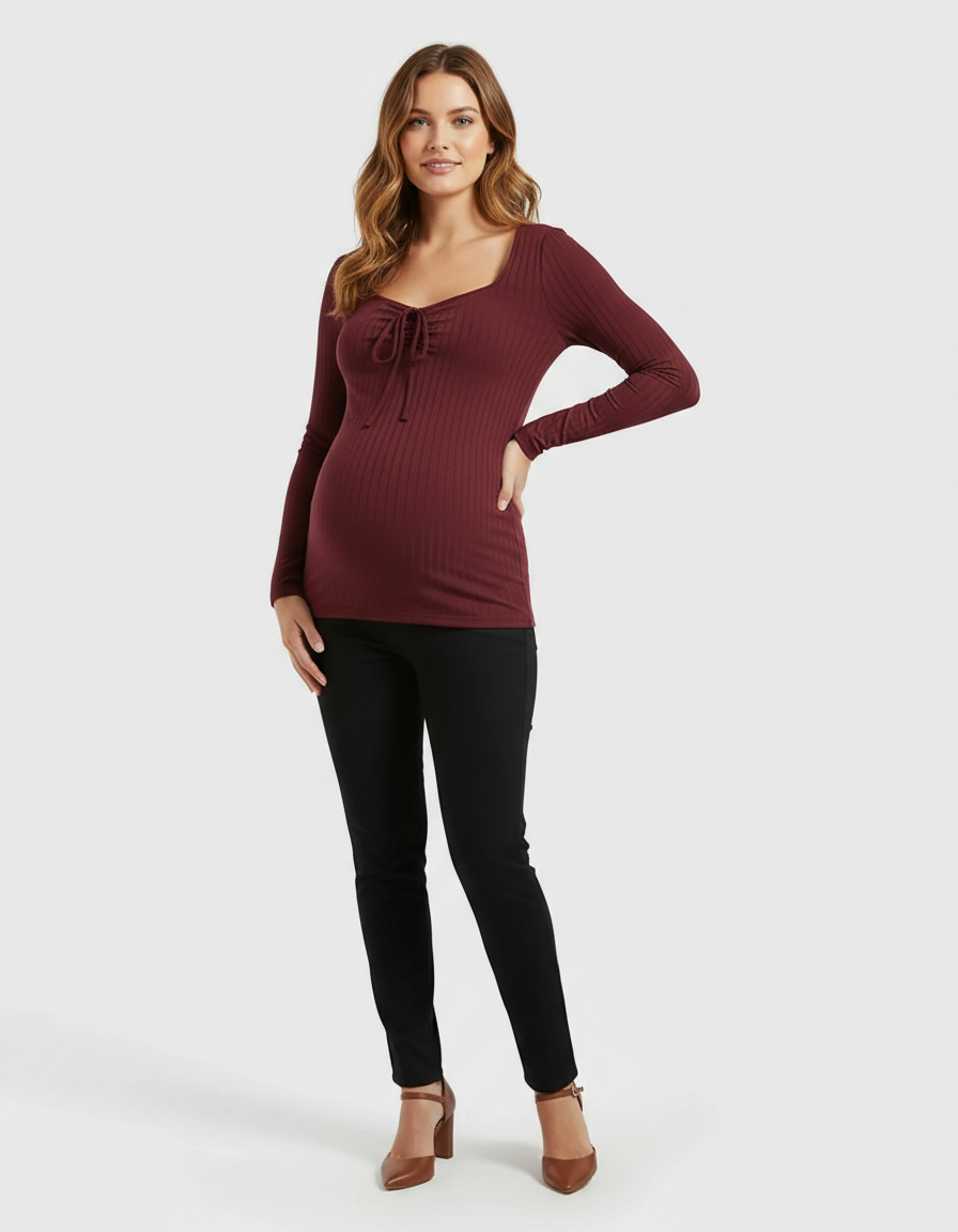 Bump Society – The Comfort Collection: Ribbed Knit Tie Detail Square Neck Maternity Top-Bump Society