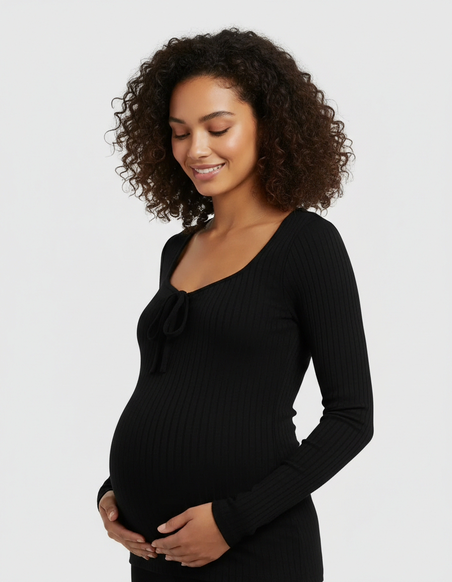 Bump Society – The Comfort Collection: Ribbed Knit Tie Detail Square Neck Maternity Top-Bump Society