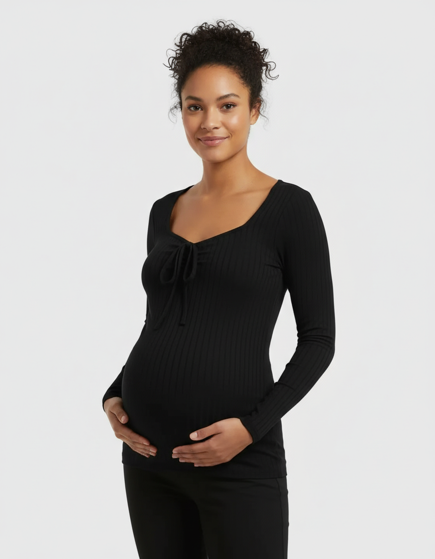 Bump Society – The Comfort Collection: Ribbed Knit Tie Detail Square Neck Maternity Top-Bump Society