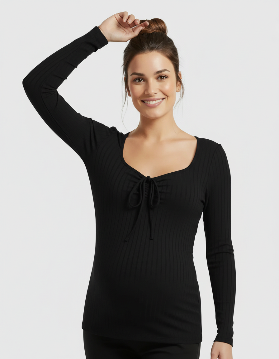 Bump Society – The Comfort Collection: Ribbed Knit Tie Detail Square Neck Maternity Top-Bump Society