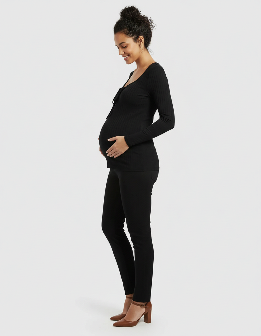 Bump Society – The Comfort Collection: Ribbed Knit Tie Detail Square Neck Maternity Top-Bump Society