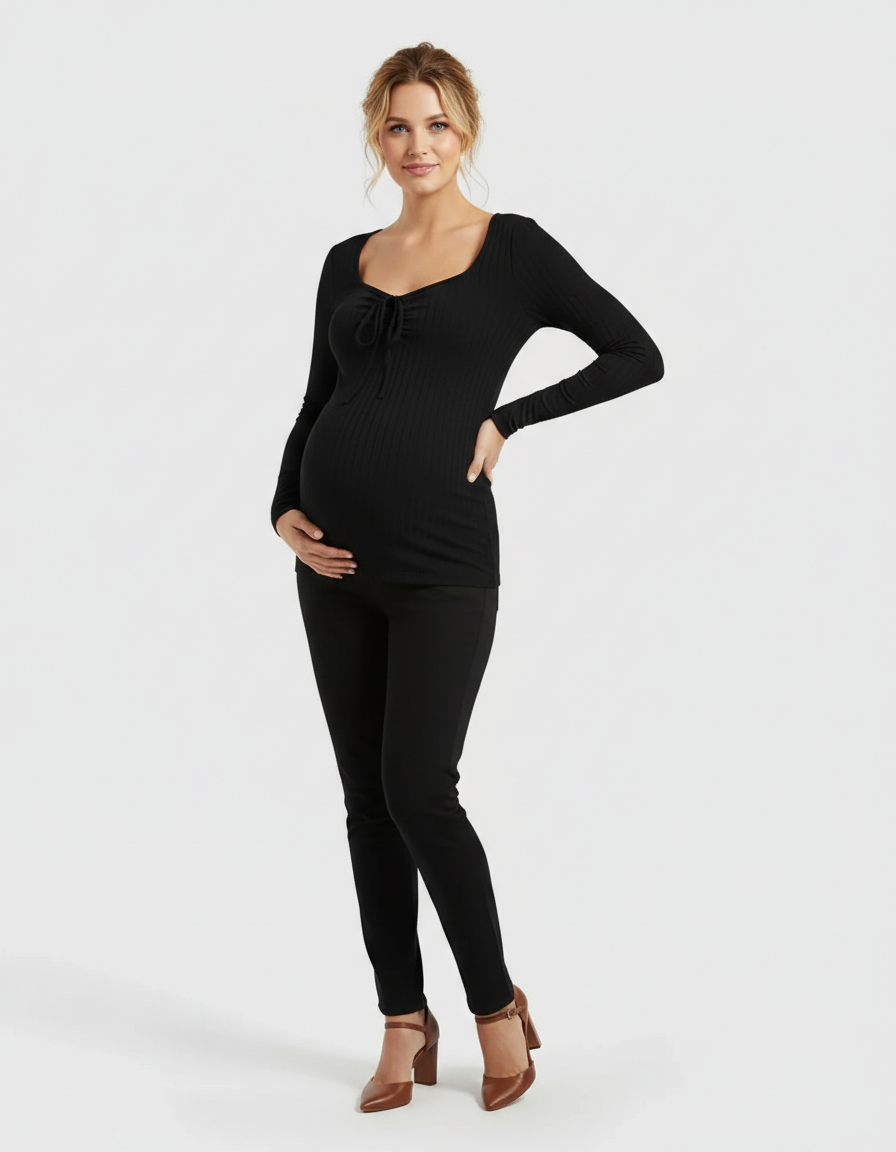 Bump Society – The Comfort Collection: Ribbed Knit Tie Detail Square Neck Maternity Top-Bump Society