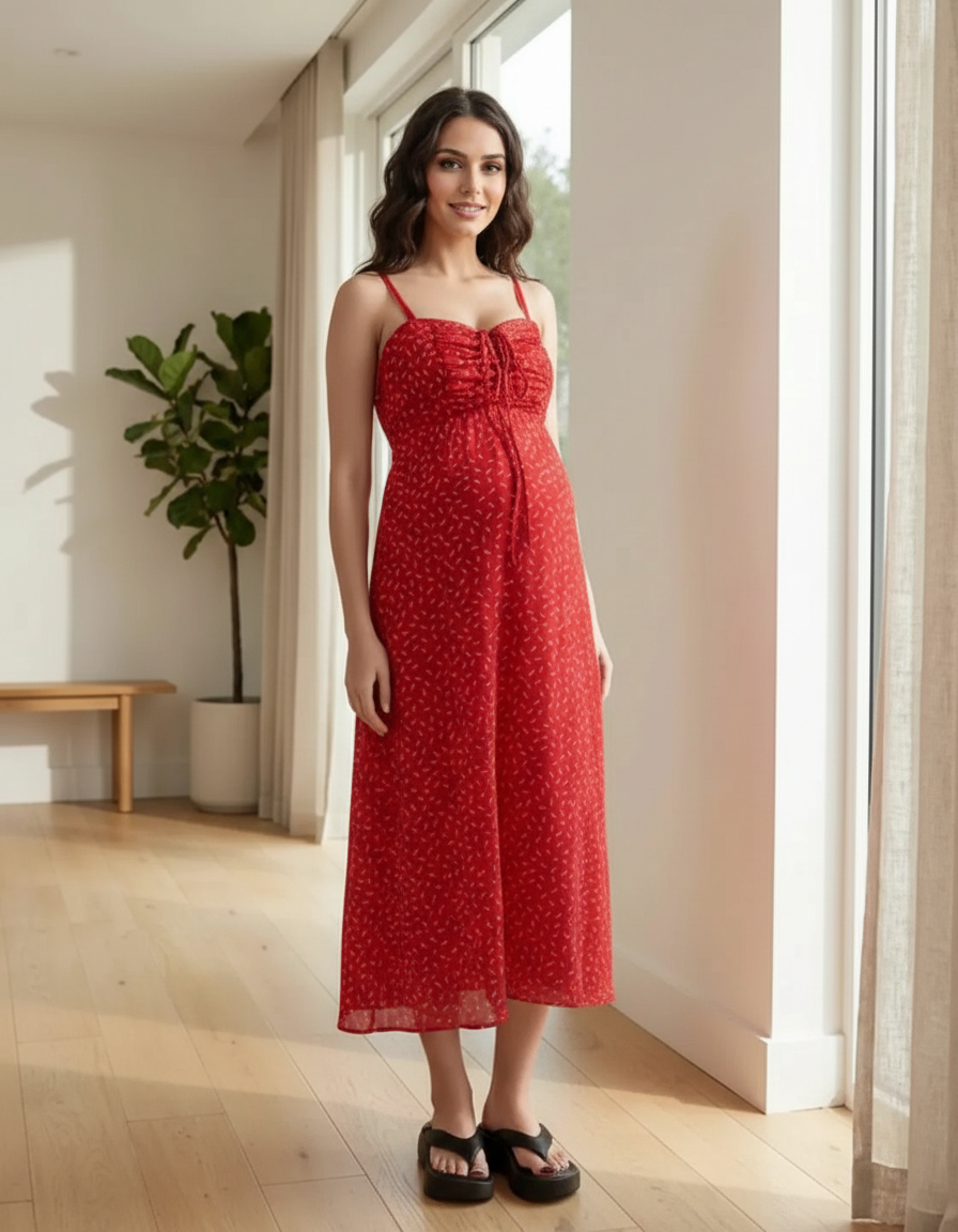 Bump Society – The Comfort Collection: Ruched Drawstring Bust Floral Dress with Chiffon Cardigan-Bump Society
