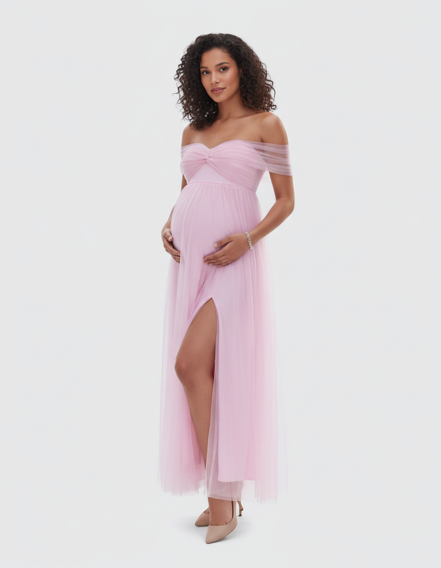 Bump Society – The Comfort Collection: Ruched Off-Shoulder Front Slit Maternity Maxi Dress-Bump Society