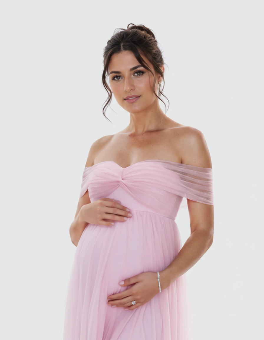 Bump Society – The Comfort Collection: Ruched Off-Shoulder Front Slit Maternity Maxi Dress-Bump Society