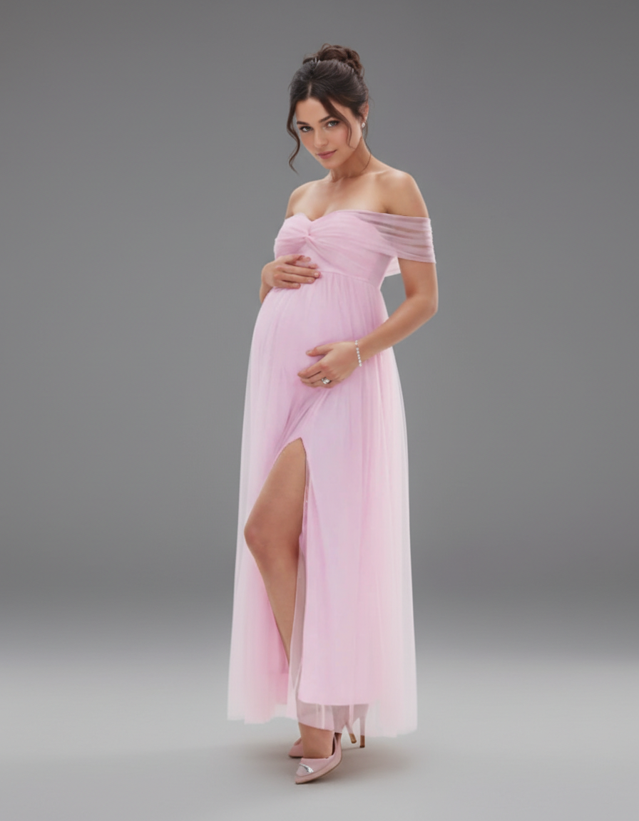 Bump Society – The Comfort Collection: Ruched Off-Shoulder Front Slit Maternity Maxi Dress-Bump Society