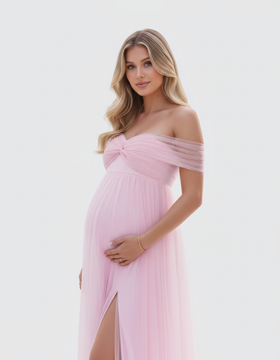 Bump Society – The Comfort Collection: Ruched Off-Shoulder Front Slit Maternity Maxi Dress-Bump Society