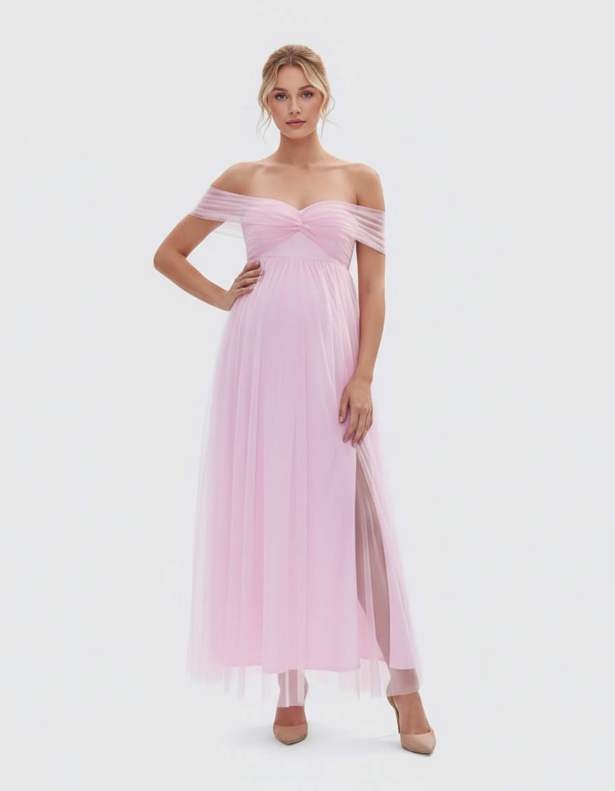 Bump Society – The Comfort Collection: Ruched Off-Shoulder Front Slit Maternity Maxi Dress-Bump Society