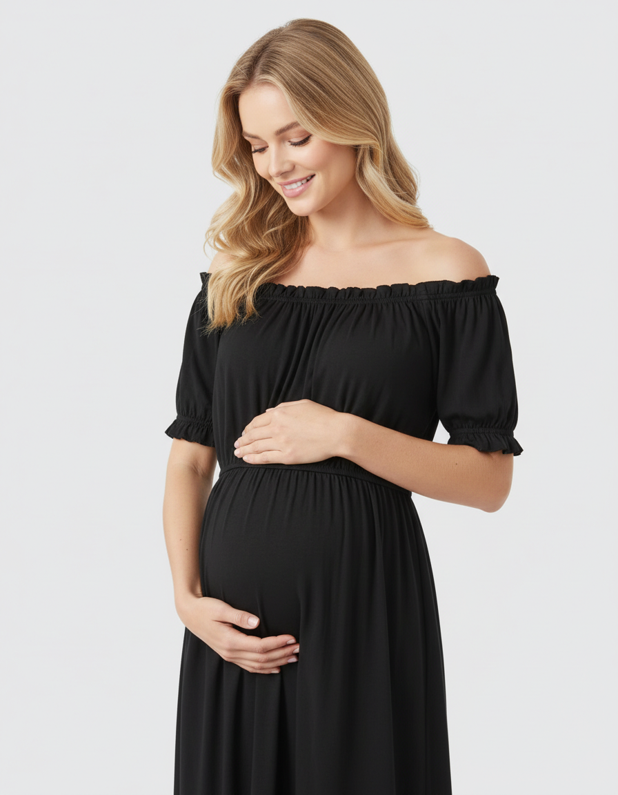 Bump Society – The Comfort Collection: Ruched Off-Shoulder Maternity Midi Dress-Bump Society
