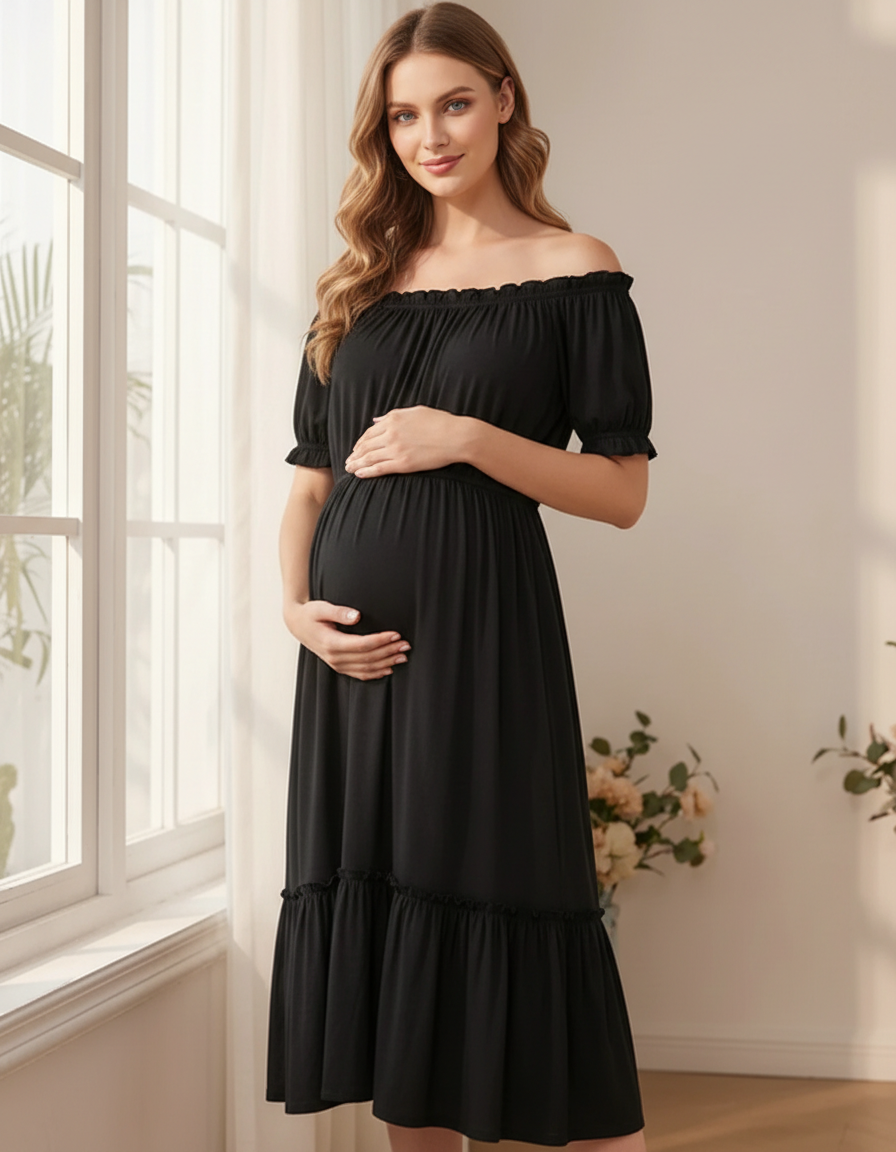 Bump Society – The Comfort Collection: Ruched Off-Shoulder Maternity Midi Dress-Bump Society