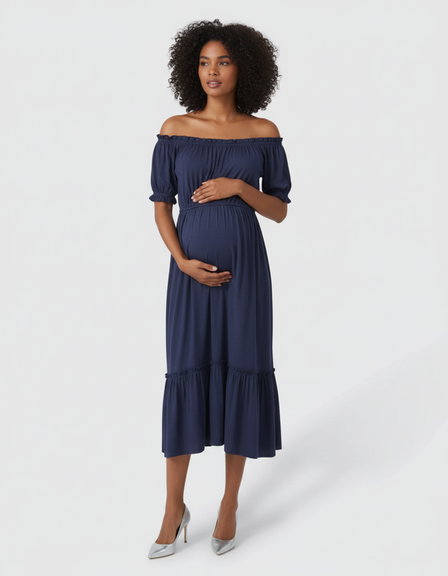 Bump Society – The Comfort Collection: Ruched Off-Shoulder Maternity Midi Dress-Bump Society