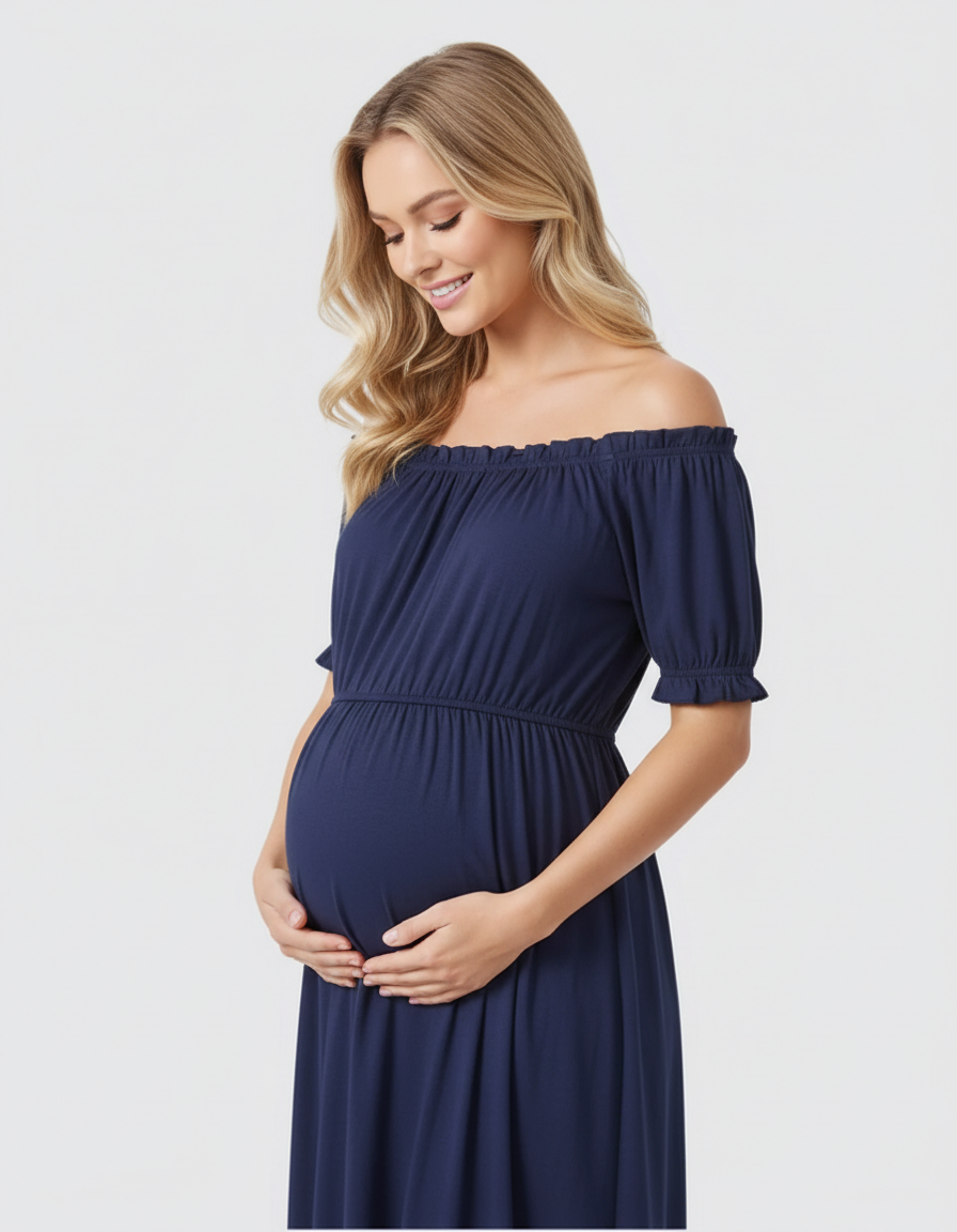 Bump Society – The Comfort Collection: Ruched Off-Shoulder Maternity Midi Dress-Bump Society