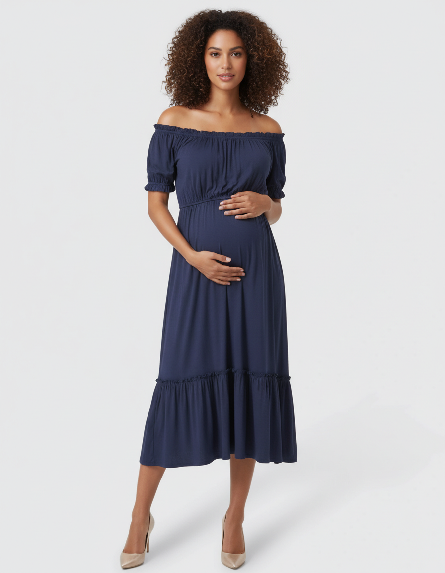 Bump Society – The Comfort Collection: Ruched Off-Shoulder Maternity Midi Dress-Bump Society