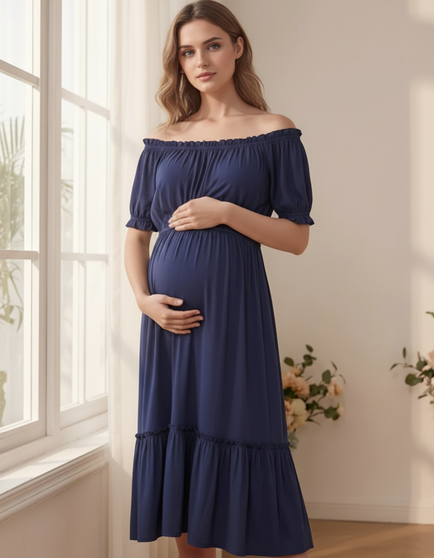 Bump Society – The Comfort Collection: Ruched Off-Shoulder Maternity Midi Dress-Bump Society