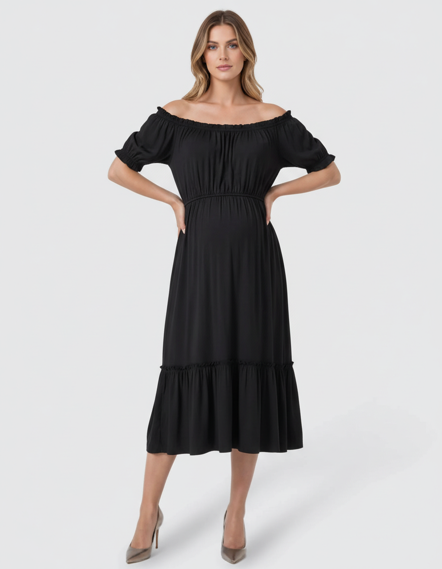 Bump Society – The Comfort Collection: Ruched Off-Shoulder Maternity Midi Dress-Bump Society