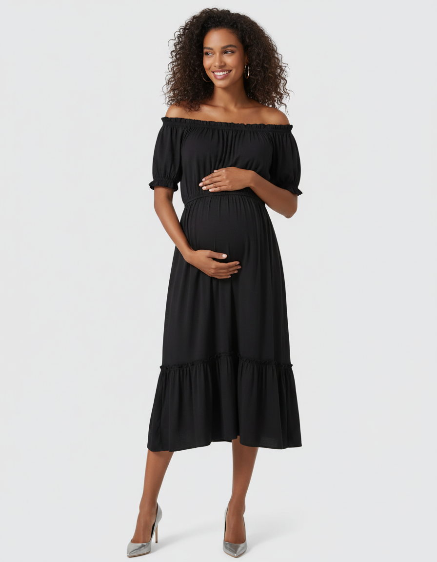 Bump Society – The Comfort Collection: Ruched Off-Shoulder Maternity Midi Dress-Bump Society