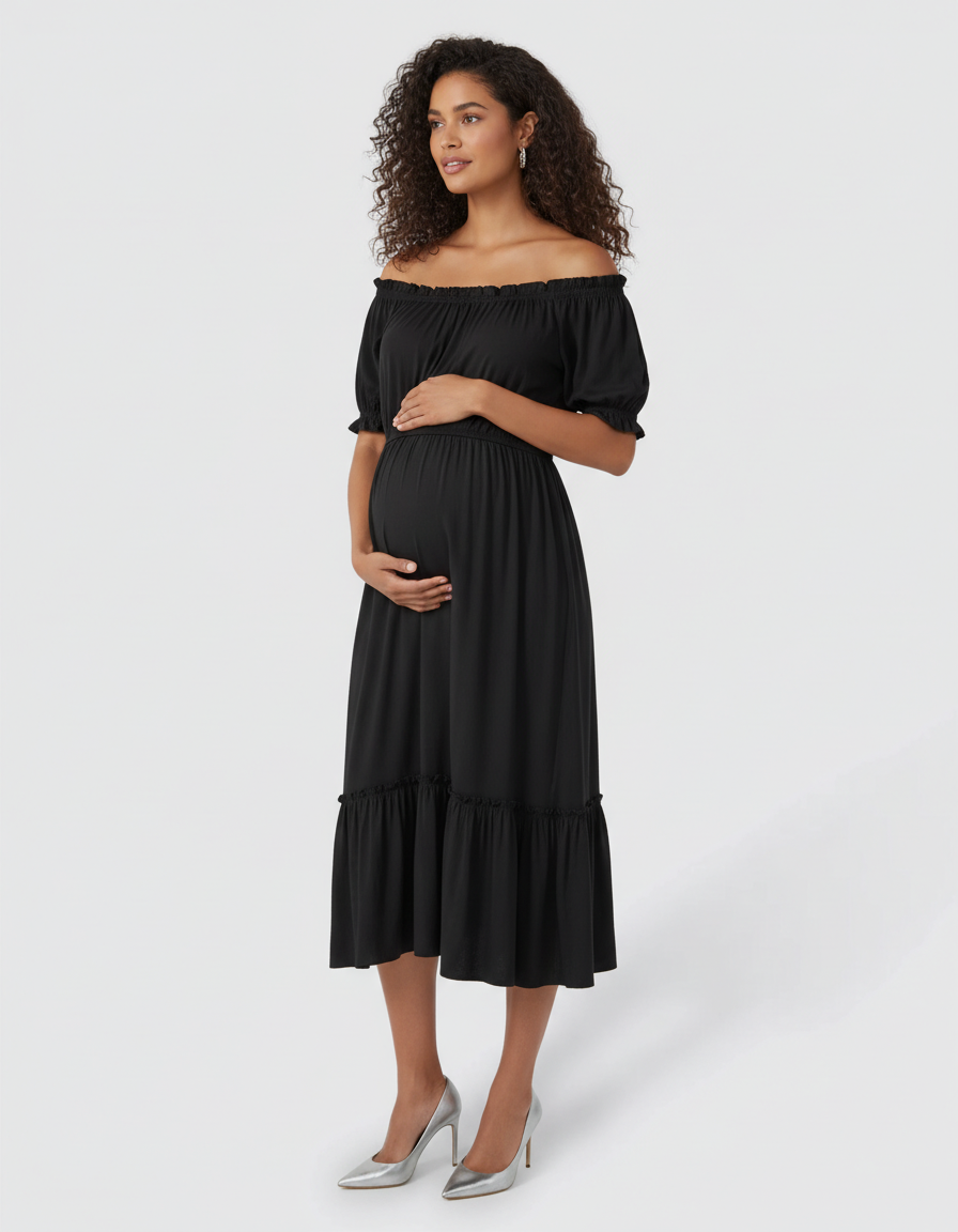 Bump Society – The Comfort Collection: Ruched Off-Shoulder Maternity Midi Dress-Bump Society
