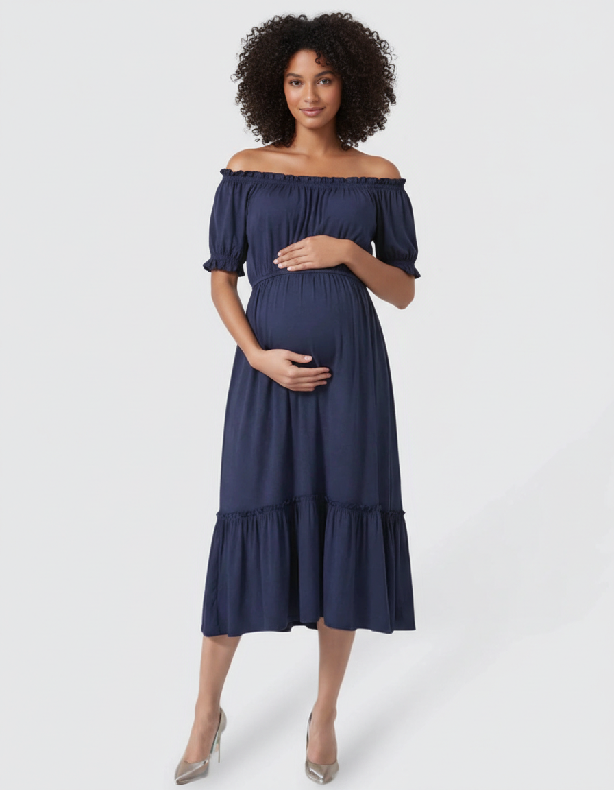 Bump Society – The Comfort Collection: Ruched Off-Shoulder Maternity Midi Dress-Bump Society