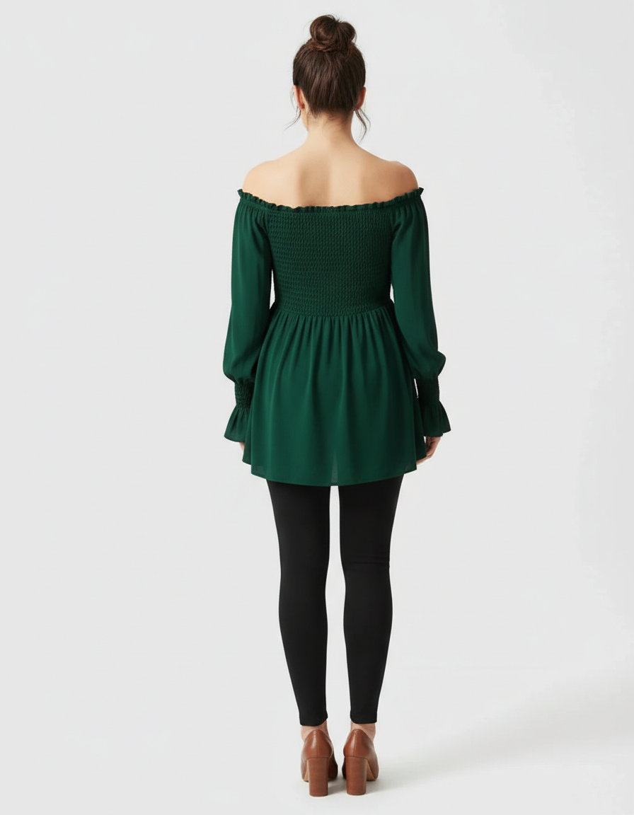 Back view of a model wearing a dark green ruched off-shoulder maternity top with long sleeves and black leggings.